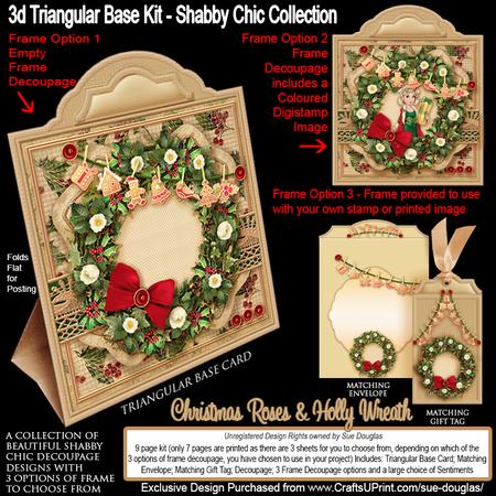 Triangular Base Shabby Chic Christmas Roses & Holly Wreath