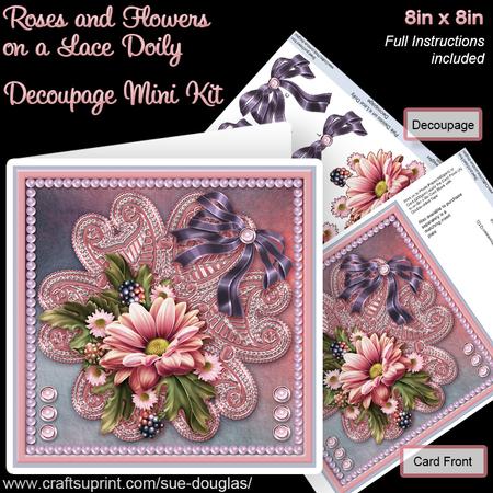 Pink Daisies on a Lace Doily 8in x 8in Decoupage Mini Kit