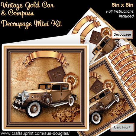 Vintage Gold Car and Compass Decoupage 8in x 8in Decoupage