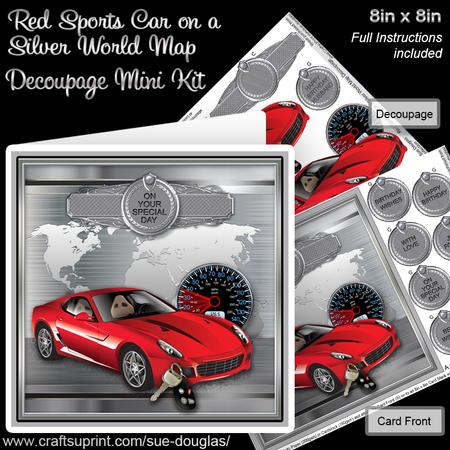 Red Sports Car on a Silver World Map 8x8 Decoupage Mini Kit