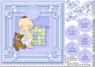 New Baby Boy with Teddy 8in x 8in Decoupage