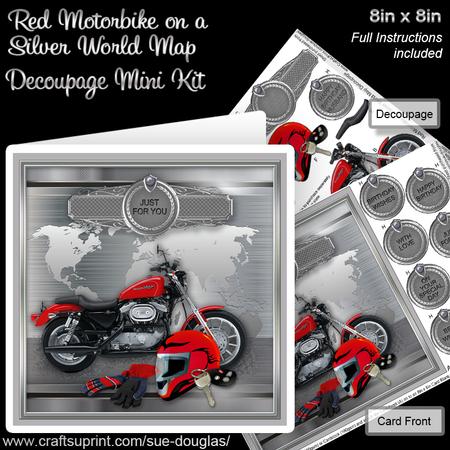 Red Motorbike on a Silver World Map 8x8 Decoupage Mini Kit