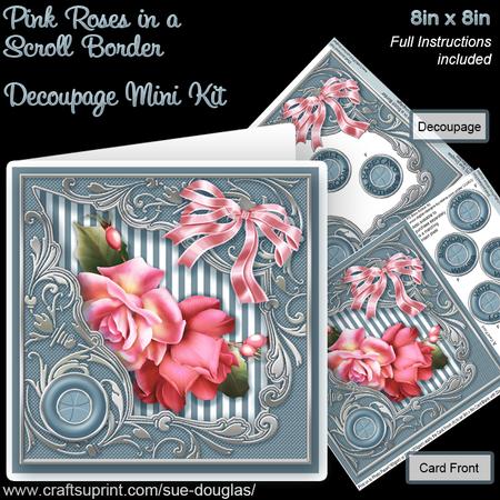 Pink Roses in a Scroll Border 8in x 8in Decoupage Mini Kit