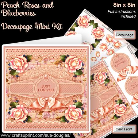 Peach Roses and Blueberries 8in x 8in Decoupage Mini Kit