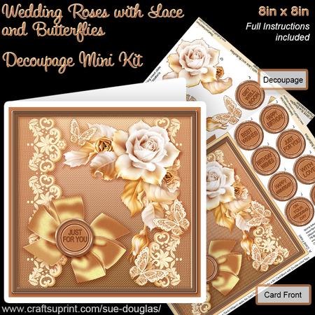 Wedding Roses with Lace and Butterflies 8x8 Decoupage Mini K