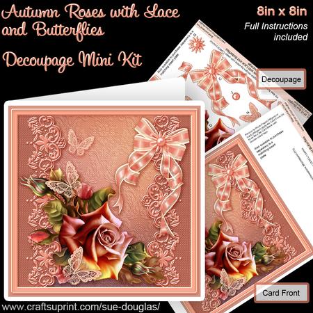 Autumn Roses with Lace and Butterflies 8inx8in Decoupage Kit