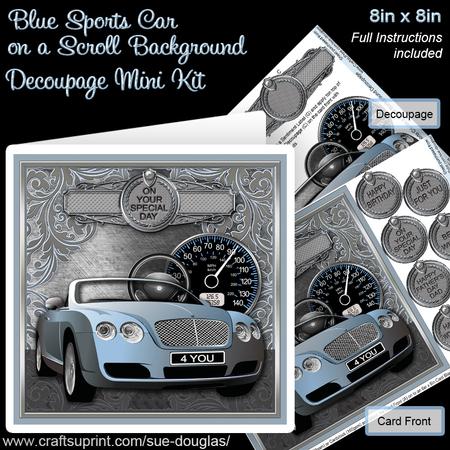 Blue Sports Car on a Scroll Background 8x8 Decoupage Minikit