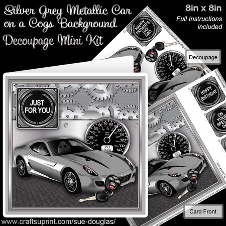 Silver Grey Metallic Car on a Cogs Background 8x8 Decoupage