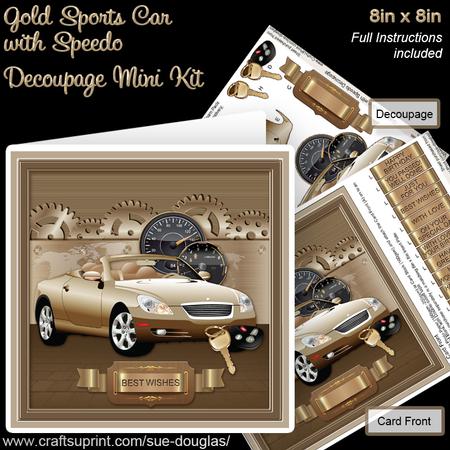 Gold Sports Car with Speedo 8in x 8in Decoupage Mini Kit
