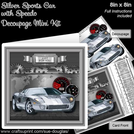 Silver Sports Car with Speedo 8in x 8in Decoupage Mini Kit