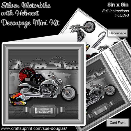 Silver Motorbike with Helmet 8in x 8in Decoupage Mini Kit