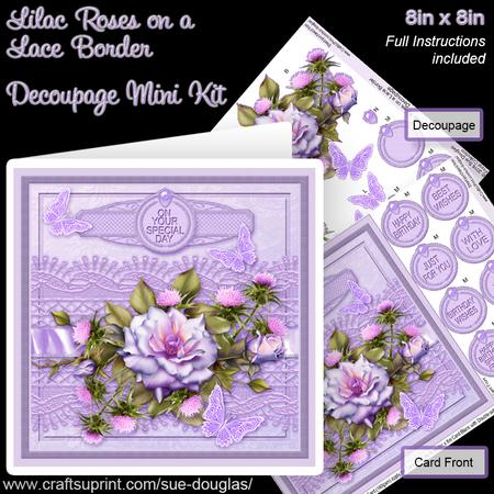 Lilac Roses on a Lace Border 8in x 8in Decoupage Mini Kit
