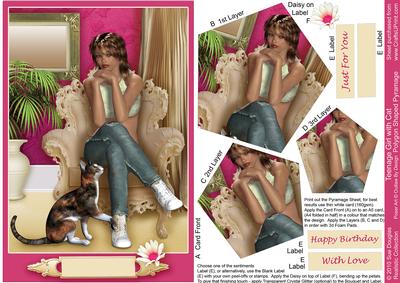 Teenage Girl with Cat Polygon Pyramage