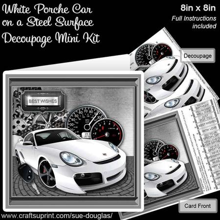 White Porsche Car on a Steel Surface 8inx8in Decoup Mini Kit