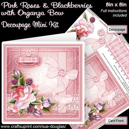 Pink Roses and Blackberries with Organza Bow 8x8 Decoup Mini
