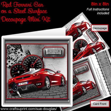 Red Ferrari Car on a Steel Surface 8x8 Decoupage Mini Kit