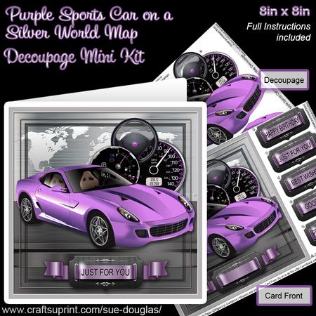 Purple Sports Car on a Silver World Map 8in x 8in Decoupage