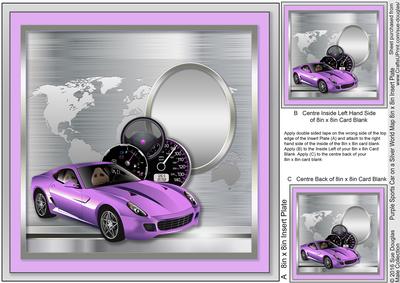 Purple Sports Car on a Silver World Map Matching 8x8 Insert