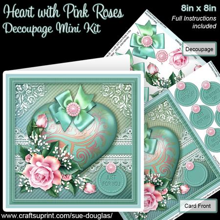 Heart with Pink Roses 8in x 8in Decoupage Mini Kit