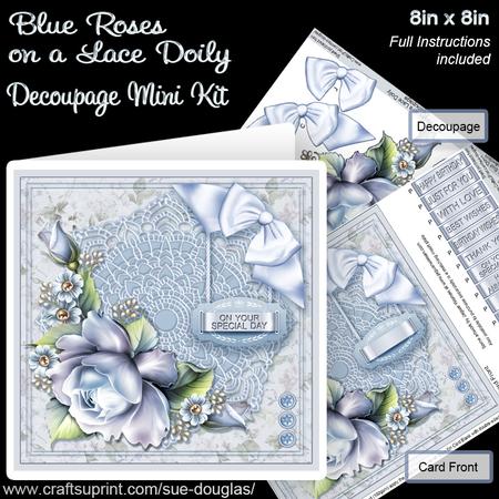 Blue Roses on a Lace Doily 8in x 8in Decoupage Mini Kit