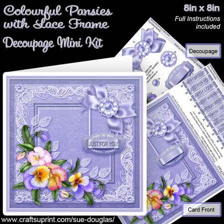 Colourful Pansies with Lace Frame 8 x 8in Decoupage Mini Kit