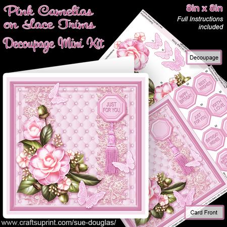 Pink Camelias on Lace Trims 8in x 8in Decoupage Mini Kit