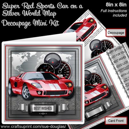 Super Red Sports Car on a Silver World Map 8x8 Decoupage Kit