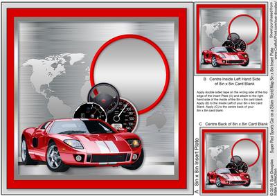 Super Red Sports Car on a Silver World Map Matching 8x8 Ins