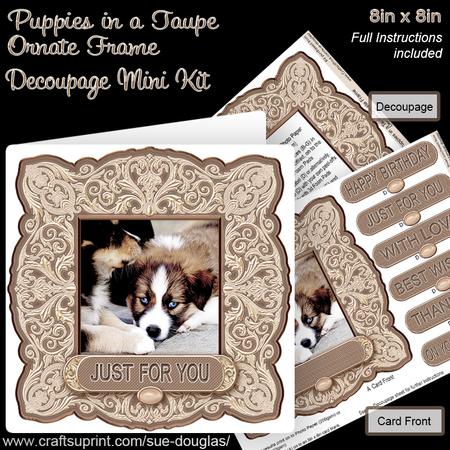 Puppies on a Taupe Ornate Frame 8in x 8in Decoupage Mini Kit