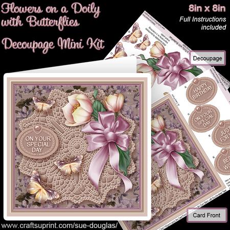 Flowers on a Doily with Butterflies 8in x 8in Decoupage Kit