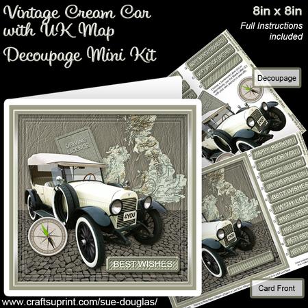 Vintage Cream Car with Uk Map 8in x 8in Decoupage Mini Kit