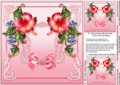 Pink Flowers and Bluebells on a Lace Frame Matching 8x8 Inse