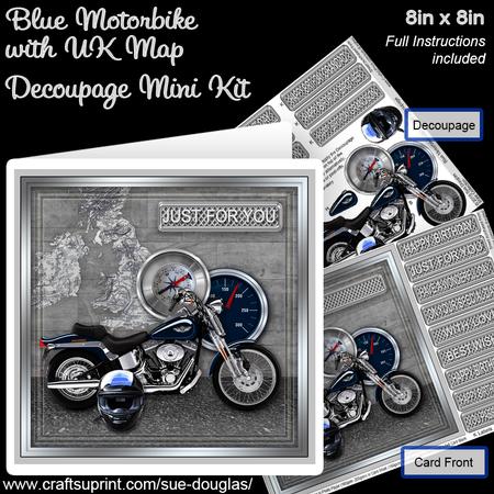 Blue Motorbike with Uk Map 8in x 8in Decoupage Mini Kit