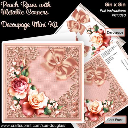 Peach Roses with Metallic Corners 8in x 8in Decoupage Kit