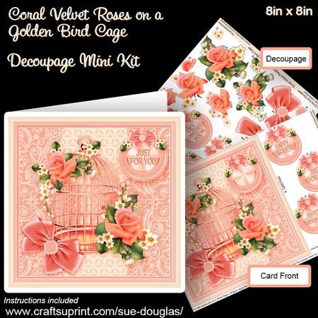 Coral Velvet Roses on a Golden Bird Cage 8in x 8in Decoupage