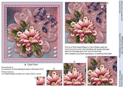 Pink Daisies on a Lace Doily 6in x 6in Pyramage