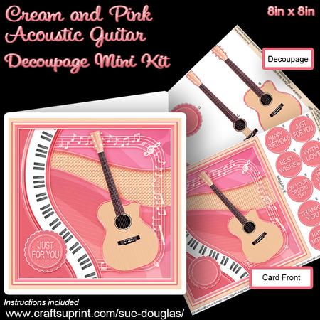Cream and Pink Acoustic Guitar 8in x 8in Decoupage Mini Kit