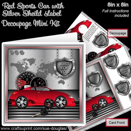 Red Sports Car with Silver Shield Label 8x8 Decoupage Kit