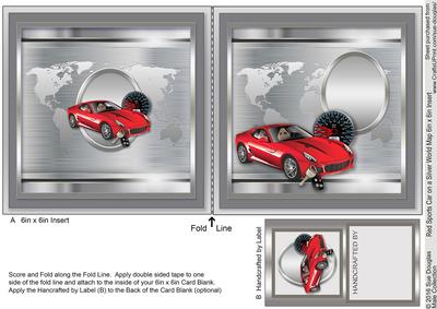Red Sports Car on a Silver World Map 6in x 6in Insert