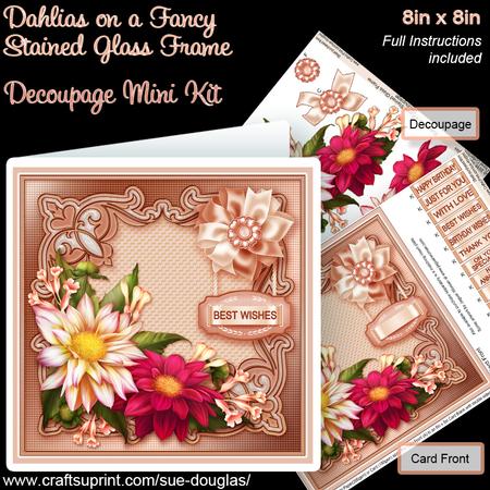 Dahlias on a Stained Glass Frame 8inx 8in Decoupage Mini Kit