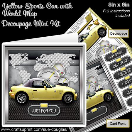 Yellow Sports Car with World Map 8inx8in Decoupage Mini Kit