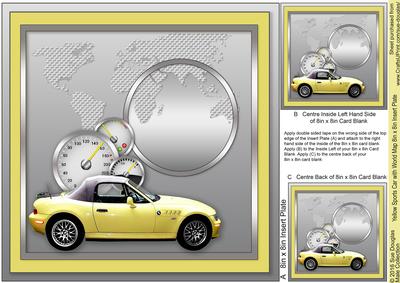 Yellow Sports Car with World Map 8in x 8in Insert Plate