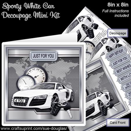Sporty White Car 8in x 8in Decoupage Mini Kit
