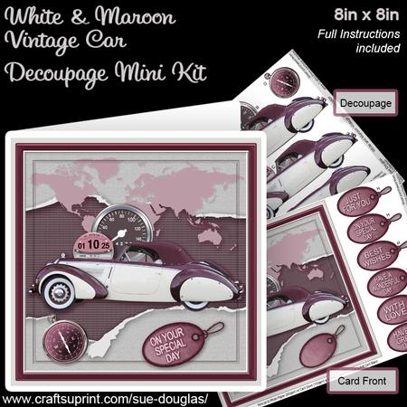 White and Maroon Vintage Car 8in x 8in Decoupage Mini Kit