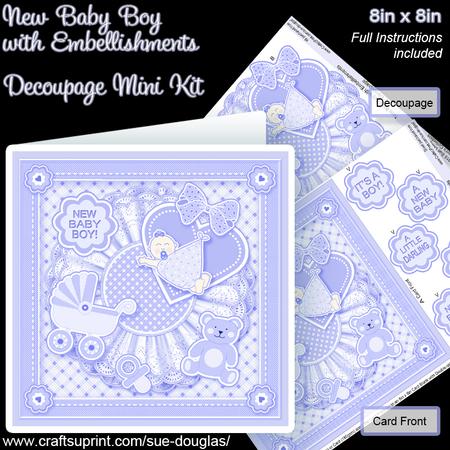 New Baby Boy with Embellishments 8inx8in Decoupage Mini Kit