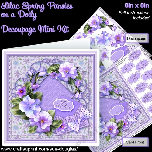 Lilac Spring Pansies on a Doily 8in x 8in Decoupage Mini Kit