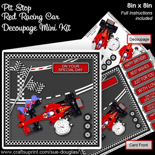 Pit Stop Red Racing Car 8in x 8in Decoupage Mini Kit