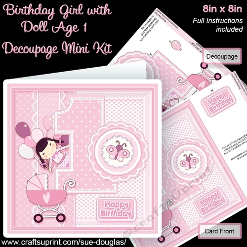 Birthday Girl with Doll Age 1 8in x 8in Decoupage Mini Kit