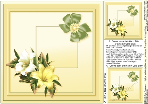 Yellow & White Lilies on a Lace Hearts Frame matching 8inx8in Insert Plate