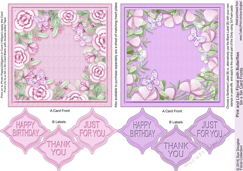 Pink and Lilac Floral with Butterflies 5in x 5in Card Fronts